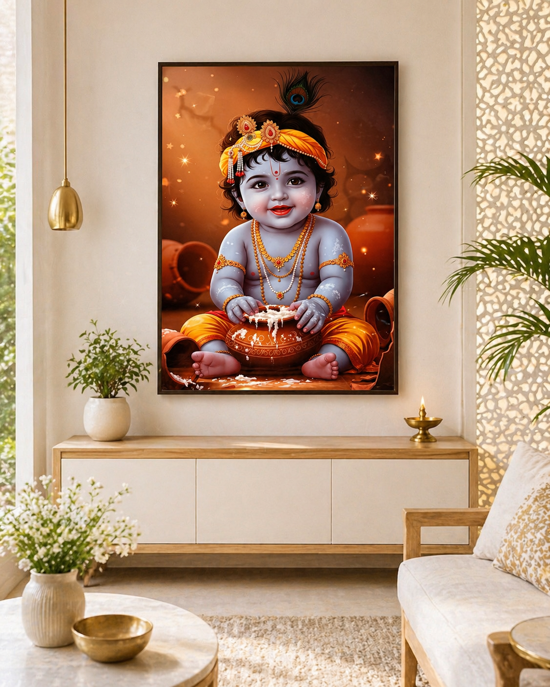 Baby Krishna Makhan Chor Wall Art - Framed Canvas Print