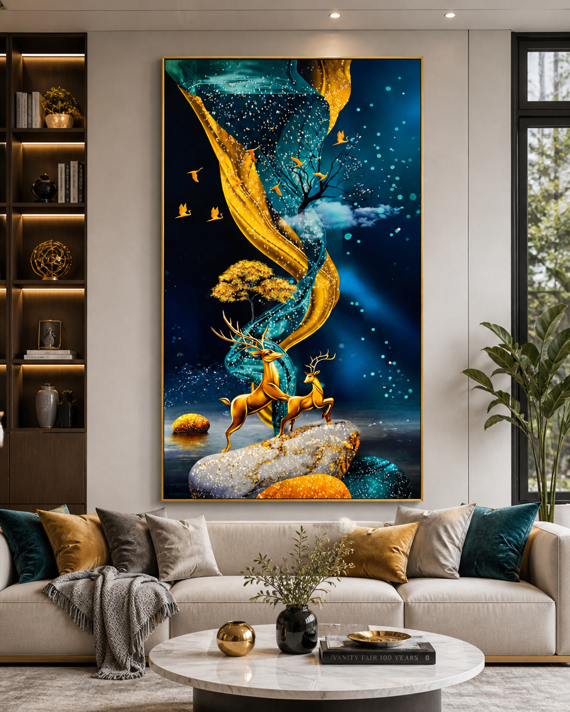 Golden Deer Celestial Dream Diamond Crystal Porcelain Wall Art