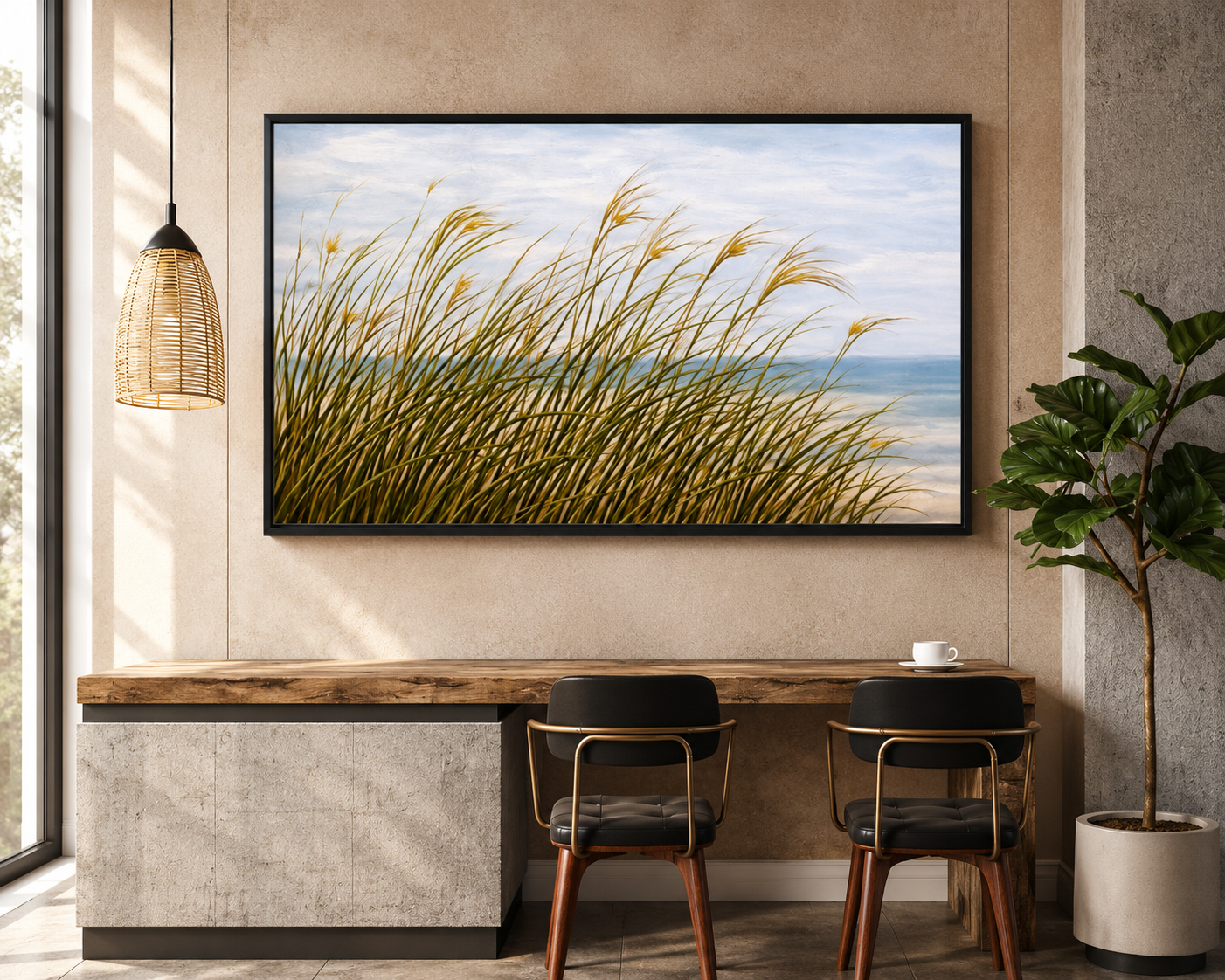 Coastal Dune Grass Breeze Oil Painting Wall Art - Framed Canvas Print