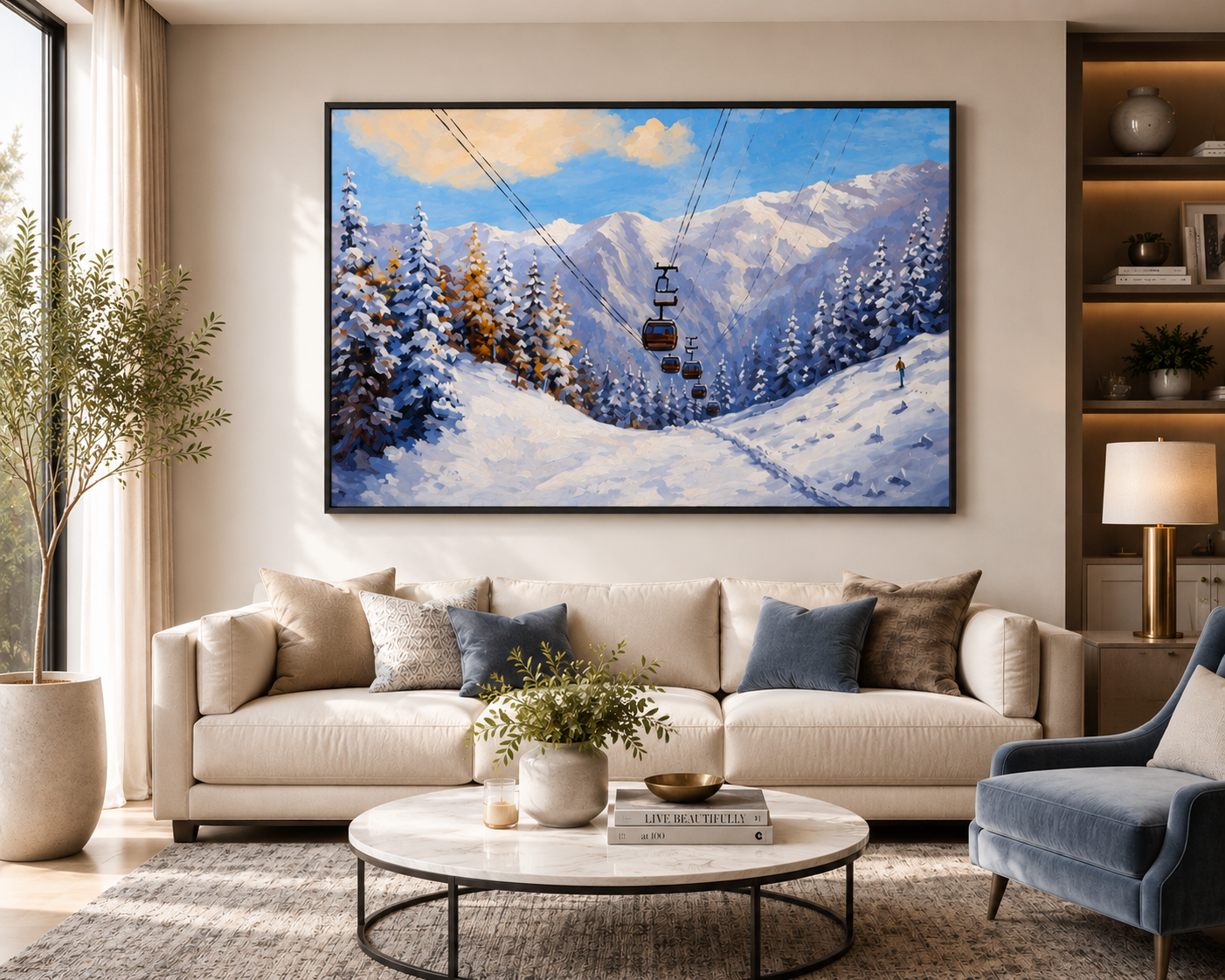 Alpine Ski Resort Gondola Oil Painting Wall Art - Framed Canvas Print