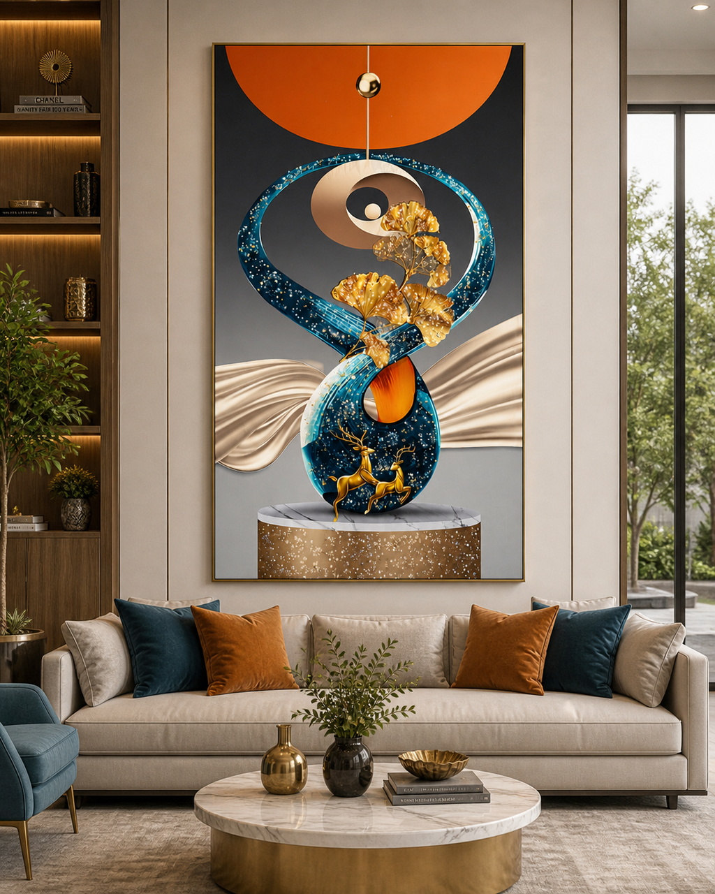Yin Yang Golden Ginkgo Deer Diamond Crystal Porcelain Wall Art