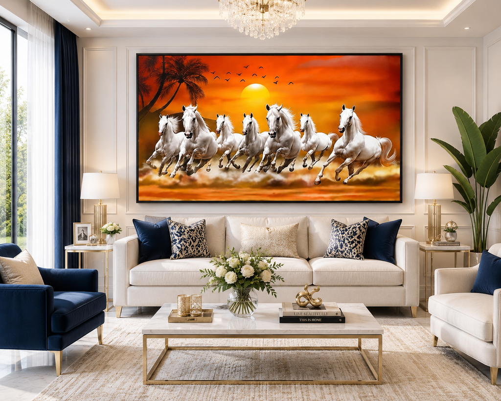 Seven White Horses Sunset Wall Art - Framed Canvas Print