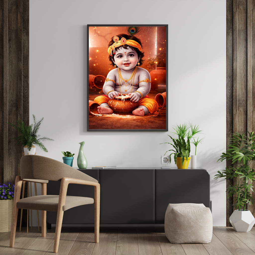 Baby Krishna Makhan Chor Wall Art - Framed Canvas Print