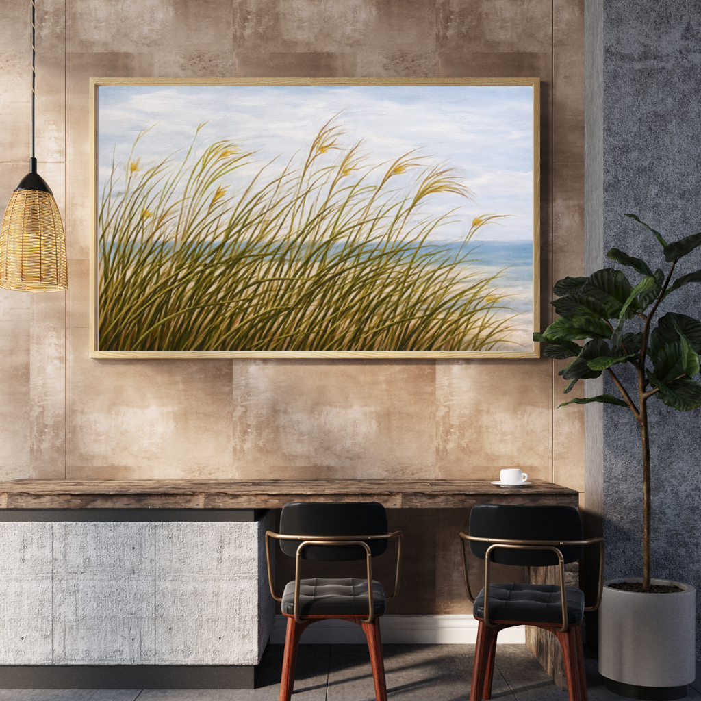 Coastal Dune Grass Breeze Oil Painting Wall Art - Framed Canvas Print
