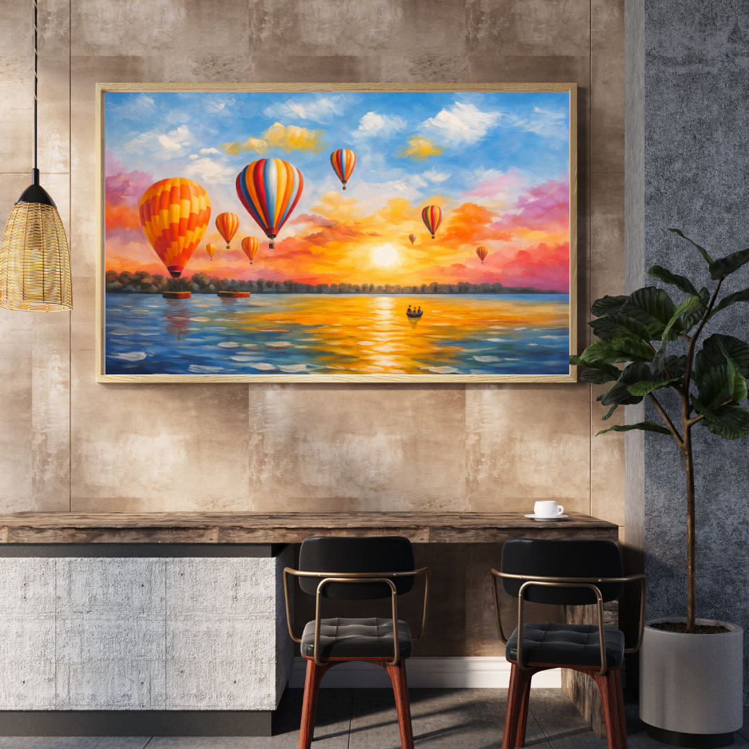 Hot Air Balloons Sunset Lake Oil Painting Wall Art - Framed Canvas Print