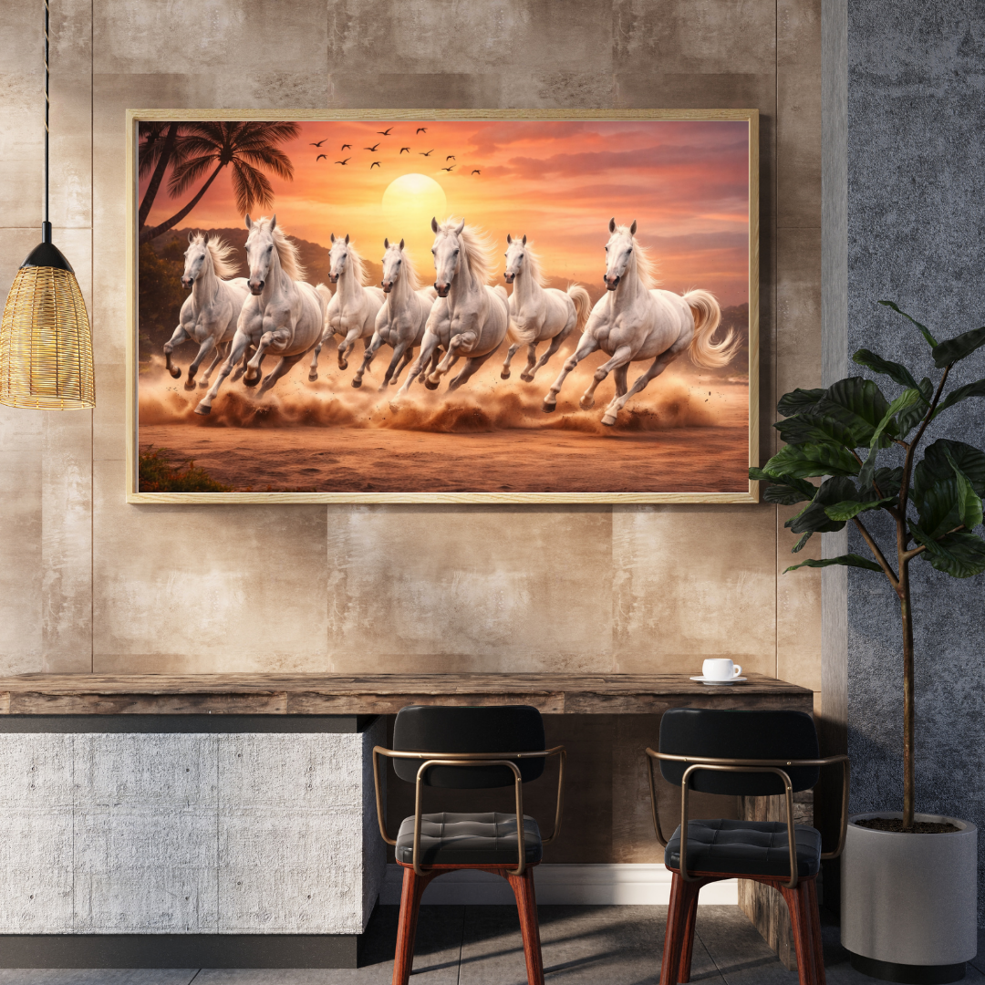 Seven White Horses Sunset Wall Art - Framed Canvas Print