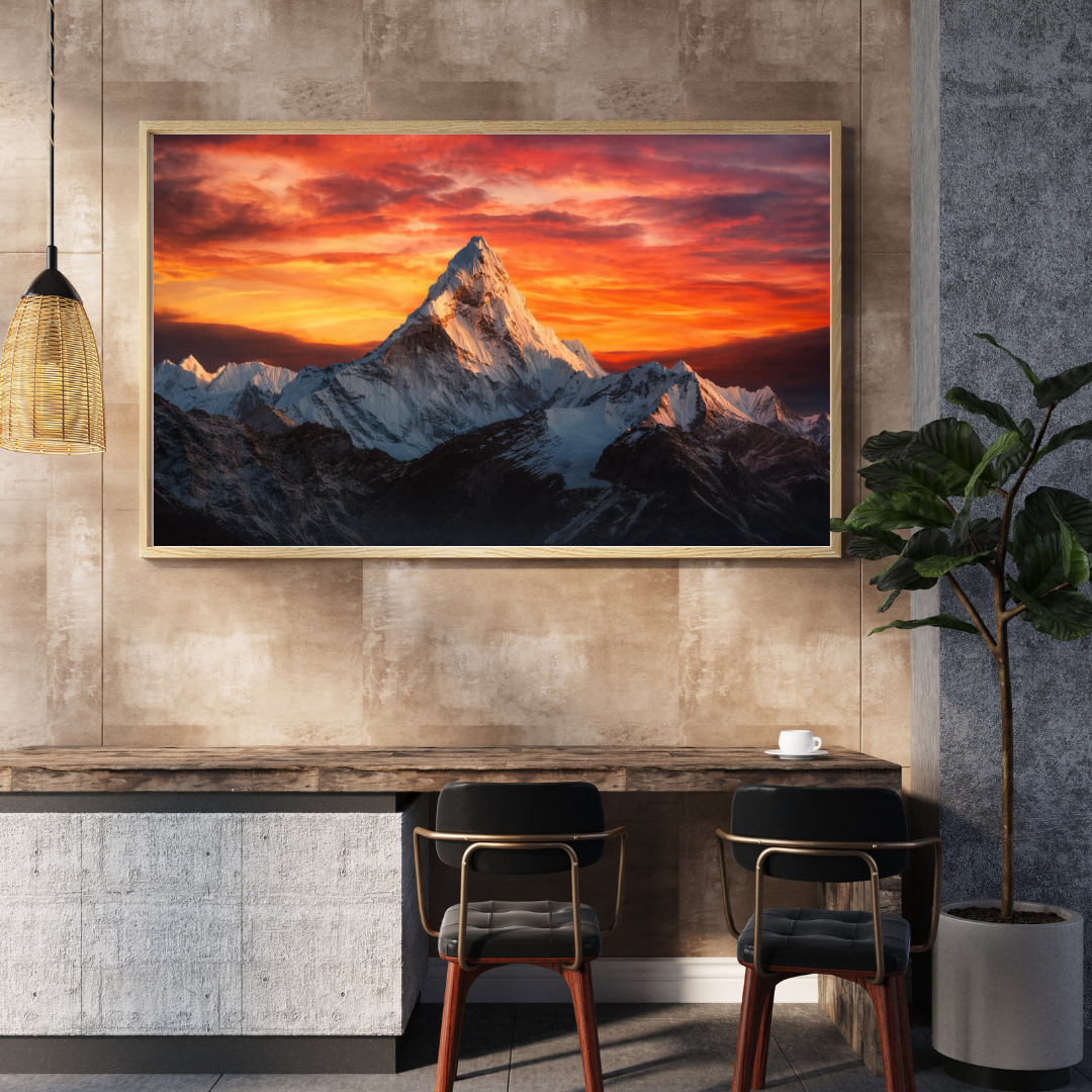 Ama Dablam Fiery Sunset Wall Art - Framed Canvas Print