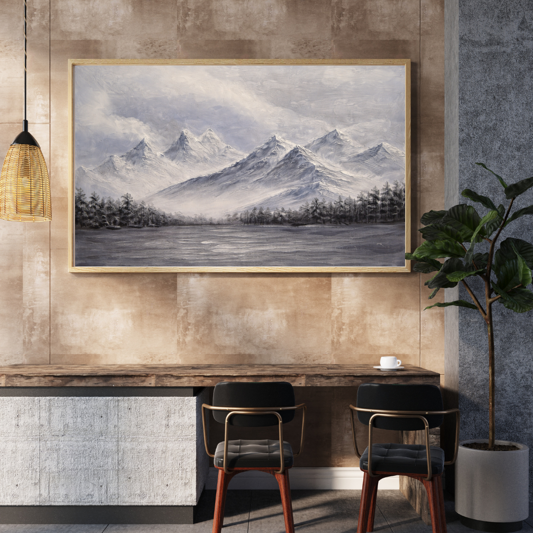 Misty Snow Mountain Lake Oil Painting Wall Art - Framed Canvas Print