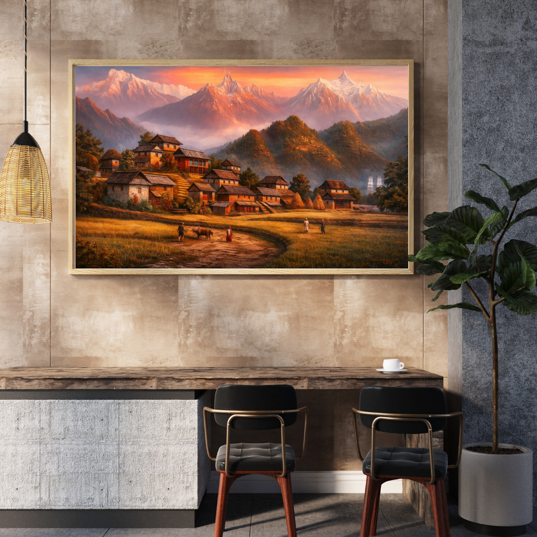 Himalayan Village Life at Sunset Wall Art - Framed Canvas Print