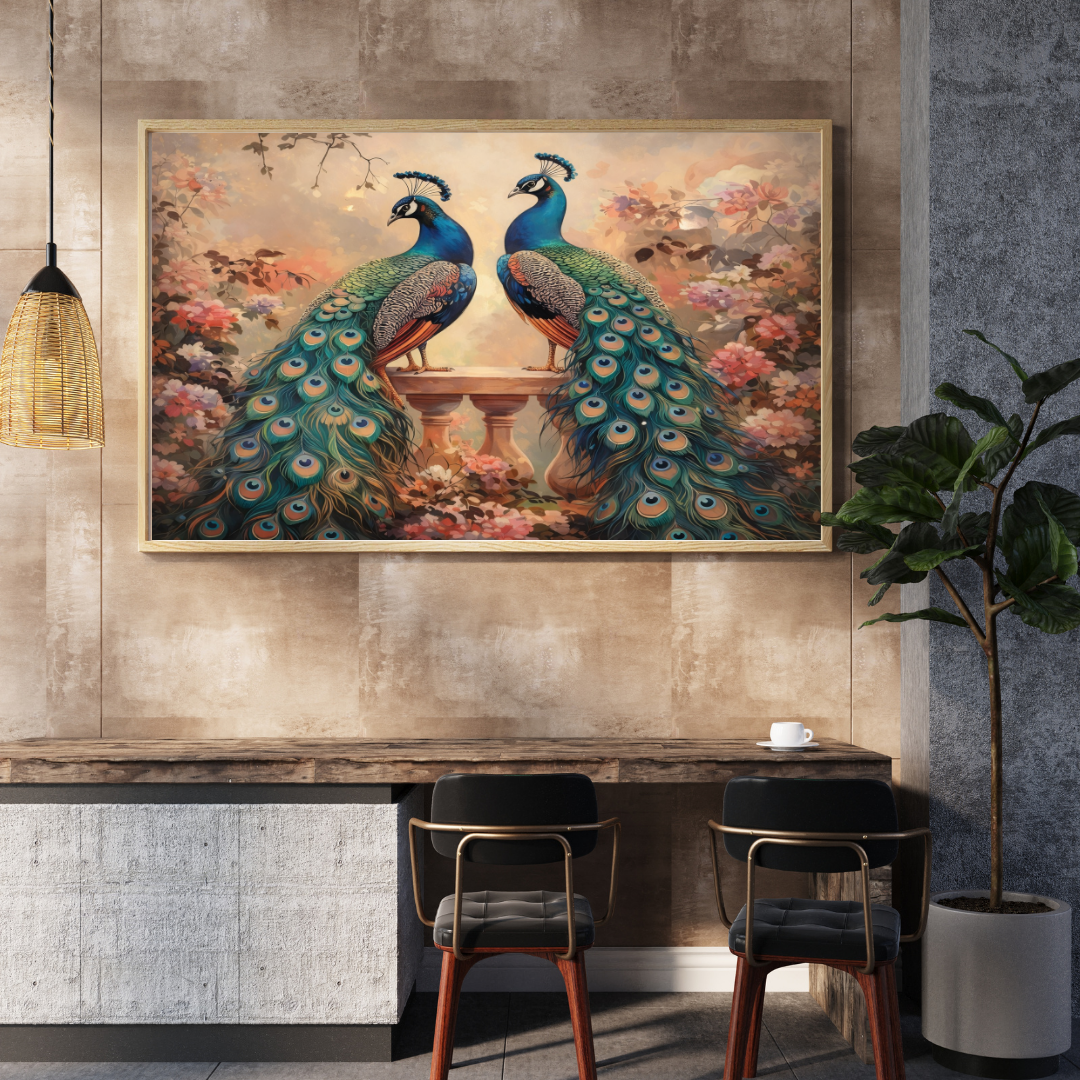 Twin Peacocks Floral Garden Wall Art - Framed Canvas Print