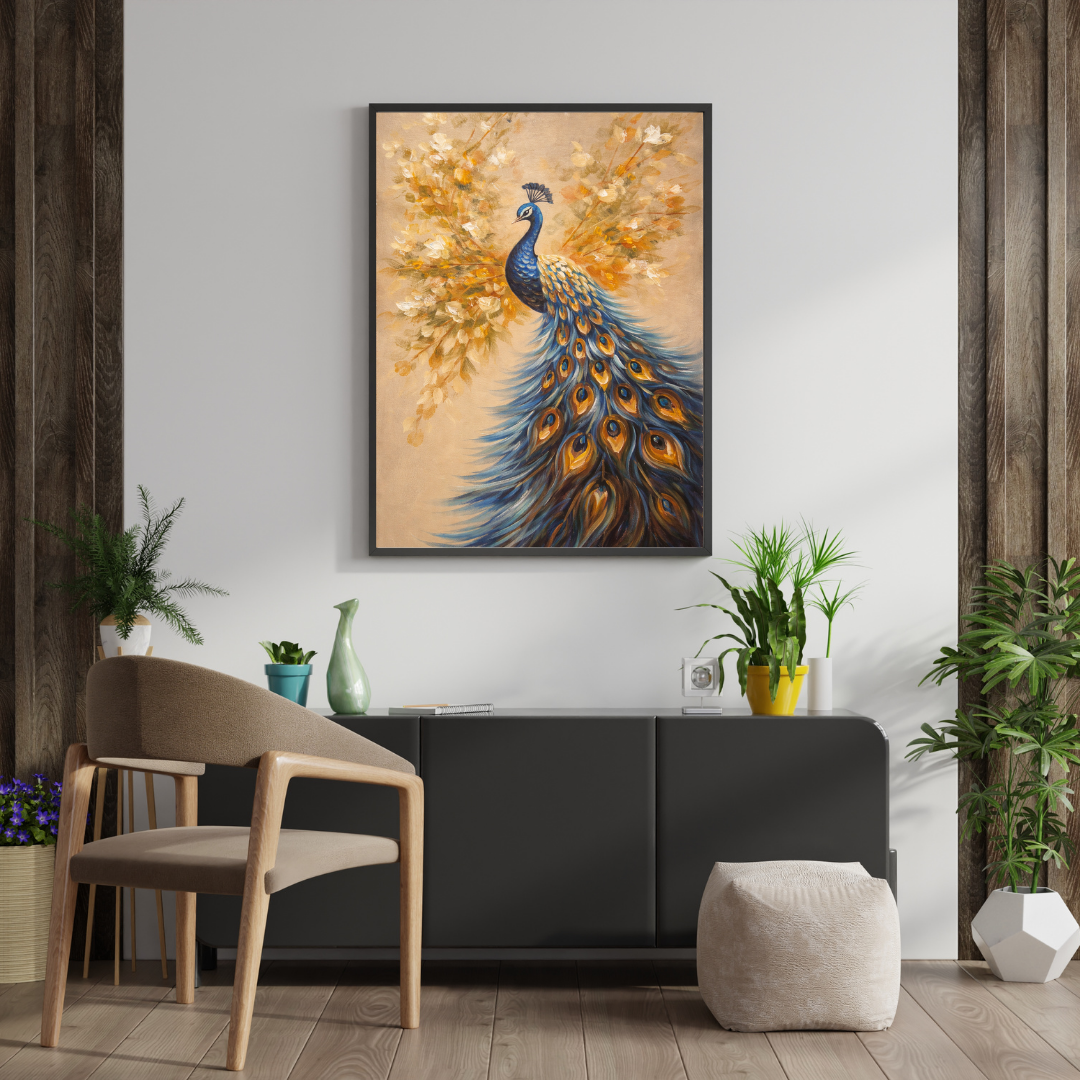 Golden Peacock Floral Wall Art - Framed Canvas Print