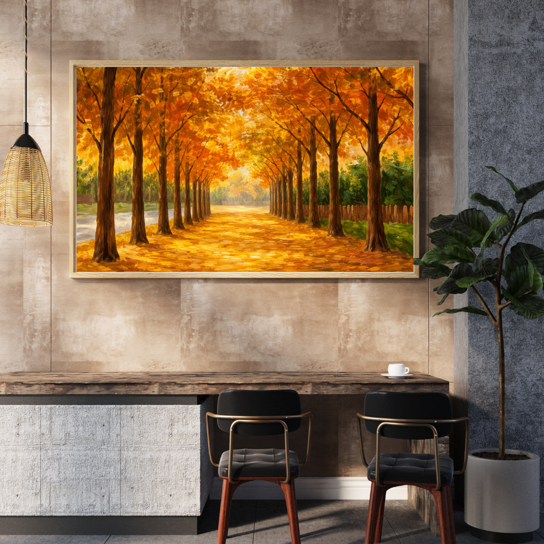Golden Autumn Tree Avenue Oil Painting Wall Art - Framed Canvas Print