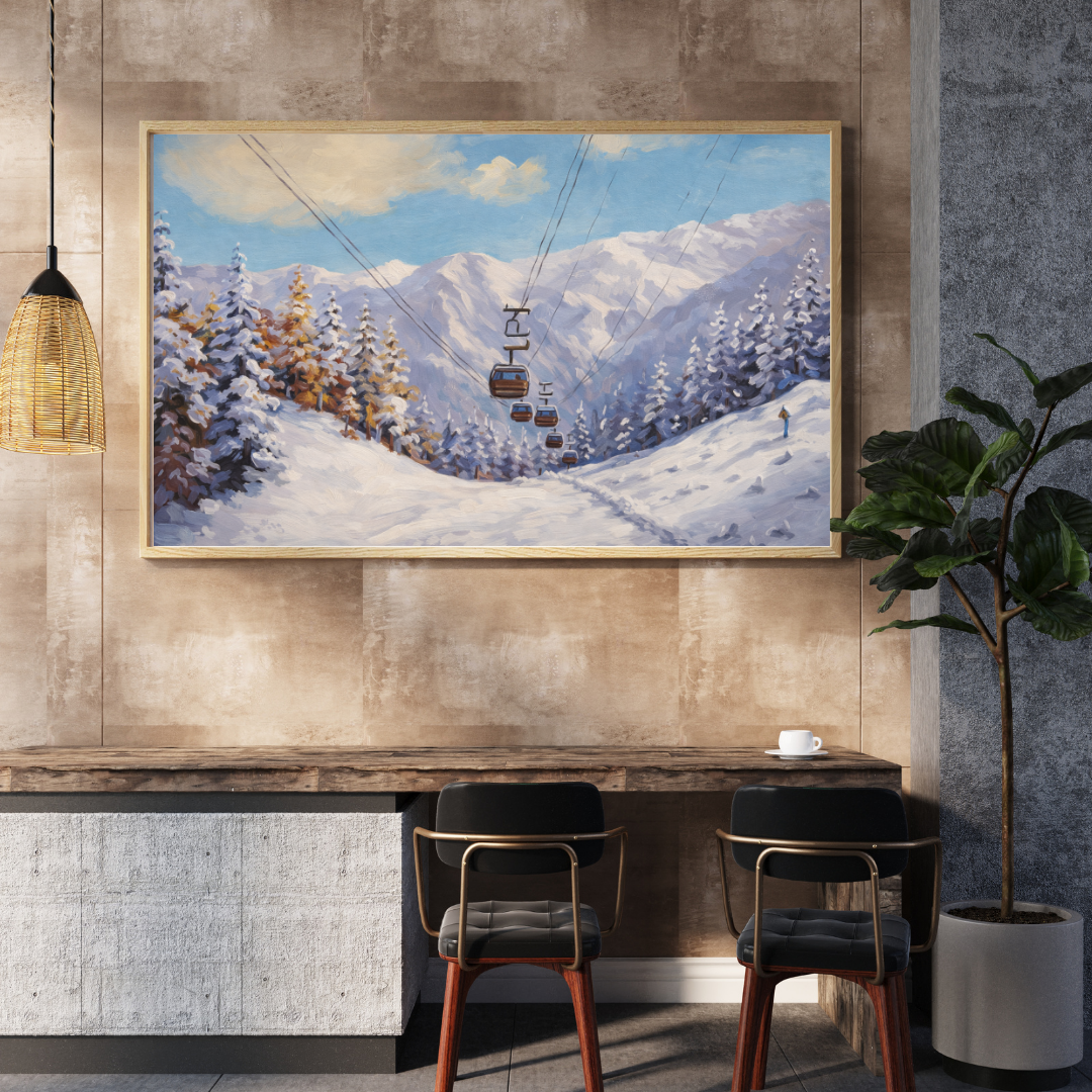 Alpine Ski Resort Gondola Oil Painting Wall Art - Framed Canvas Print