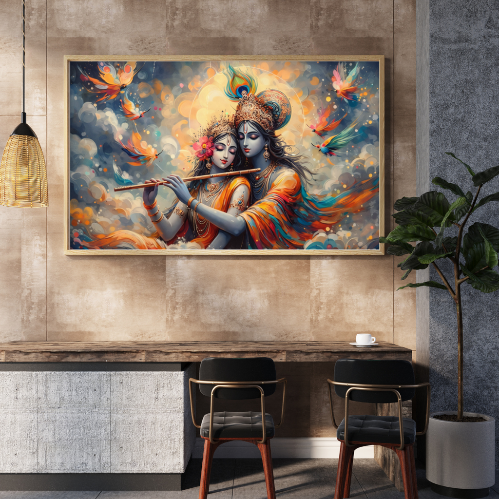 Radha Krishna Celestial Flute Wall Art - Framed Canvas Print