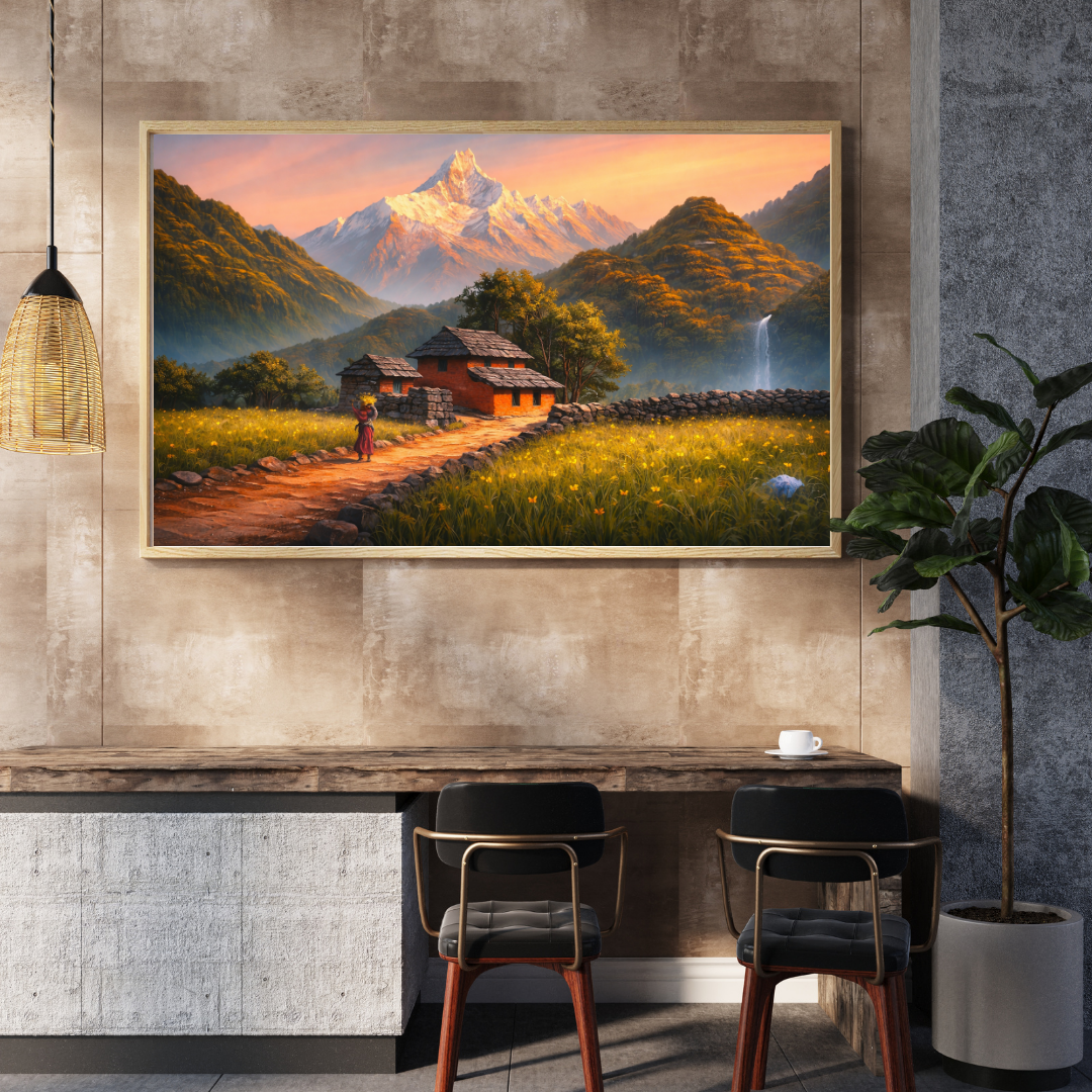 Himalayan Village Sunset Landscape Wall Art - Framed Canvas Print