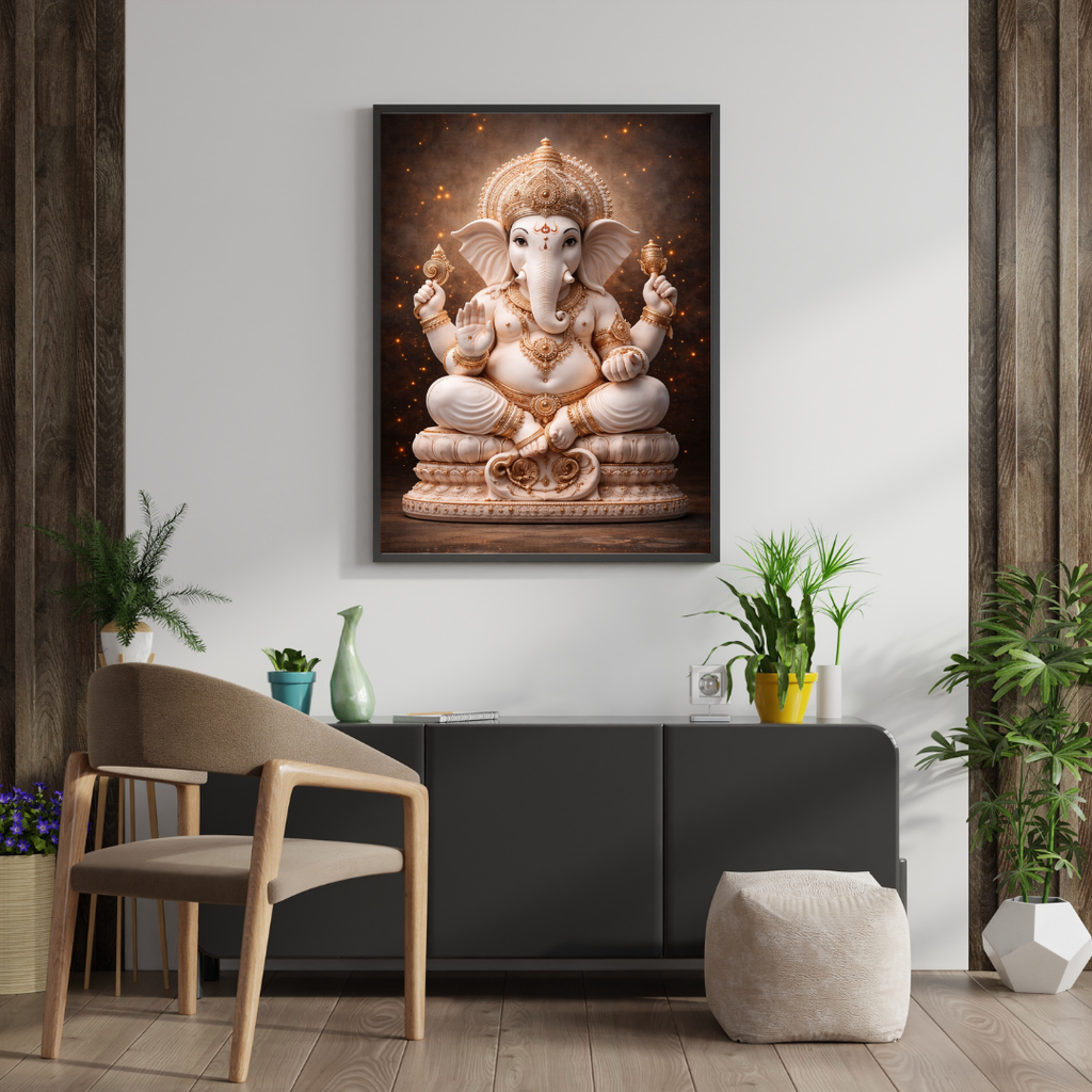 Lord Ganesha Marble Wall Art - Framed Canvas Print