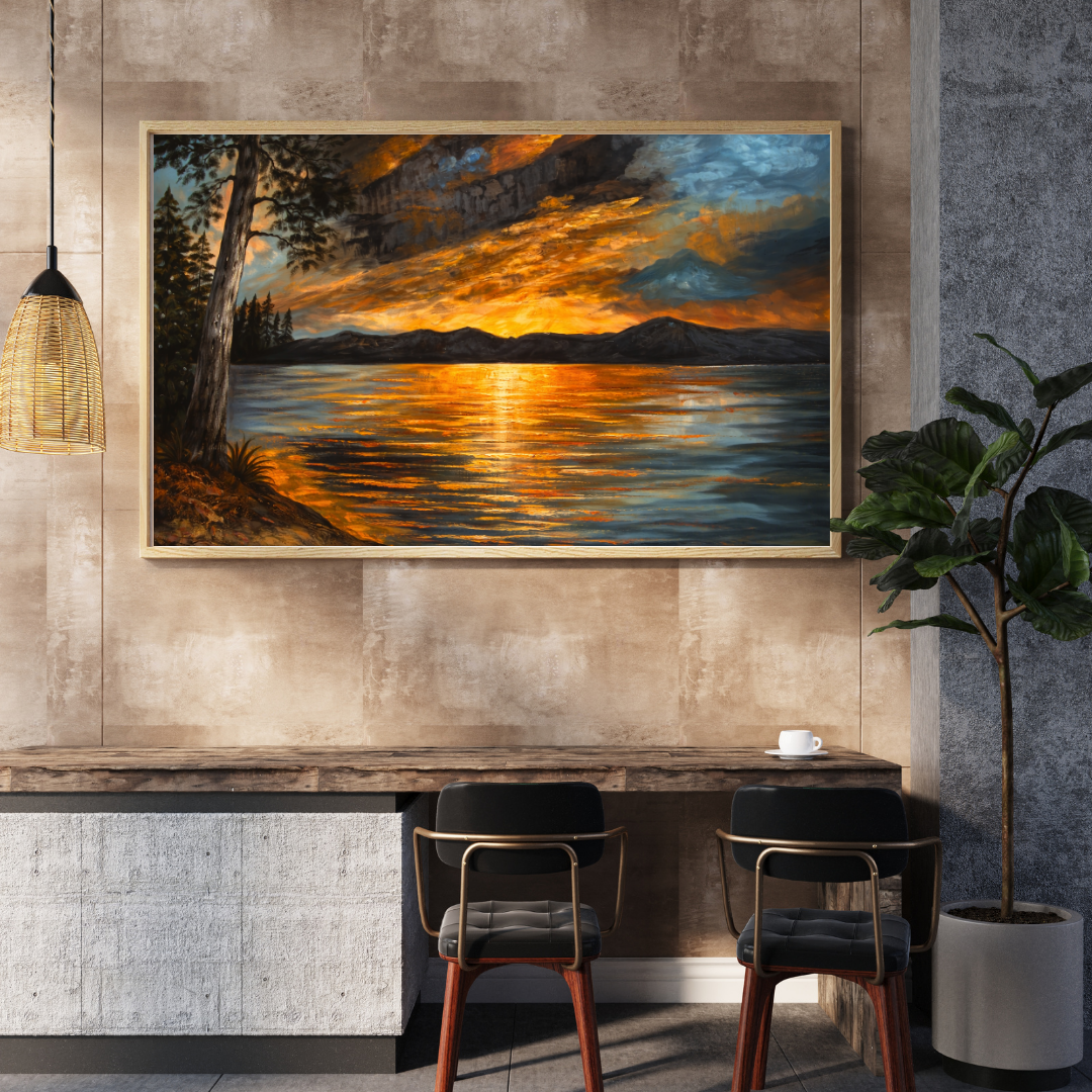 Lakeside Sunset Storm Oil Painting Wall Art - Framed Canvas Print
