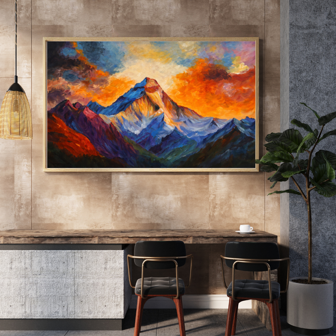 Himalayan Peak Fiery Sky Abstract Wall Art - Framed Canvas Print