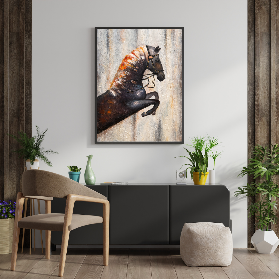 Rearing Black Horse Abstract Wall Art - Framed Canvas Print