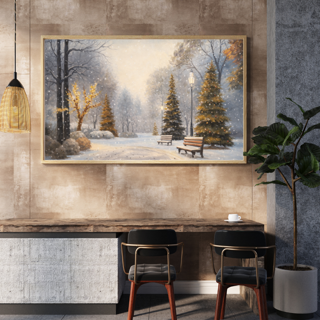 Winter Park Christmas Eve Oil Painting Wall Art - Framed Canvas Print