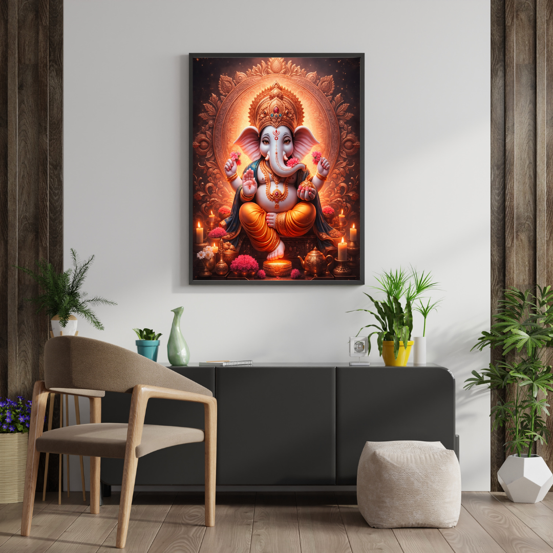 Lord Ganesha Candlelit Mandala Wall Art - Framed Canvas Print