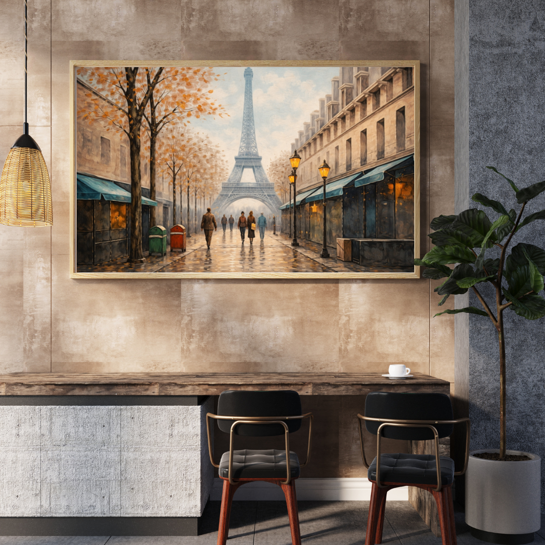 Parisian Autumn Street Eiffel Tower Wall Art - Framed Canvas Print