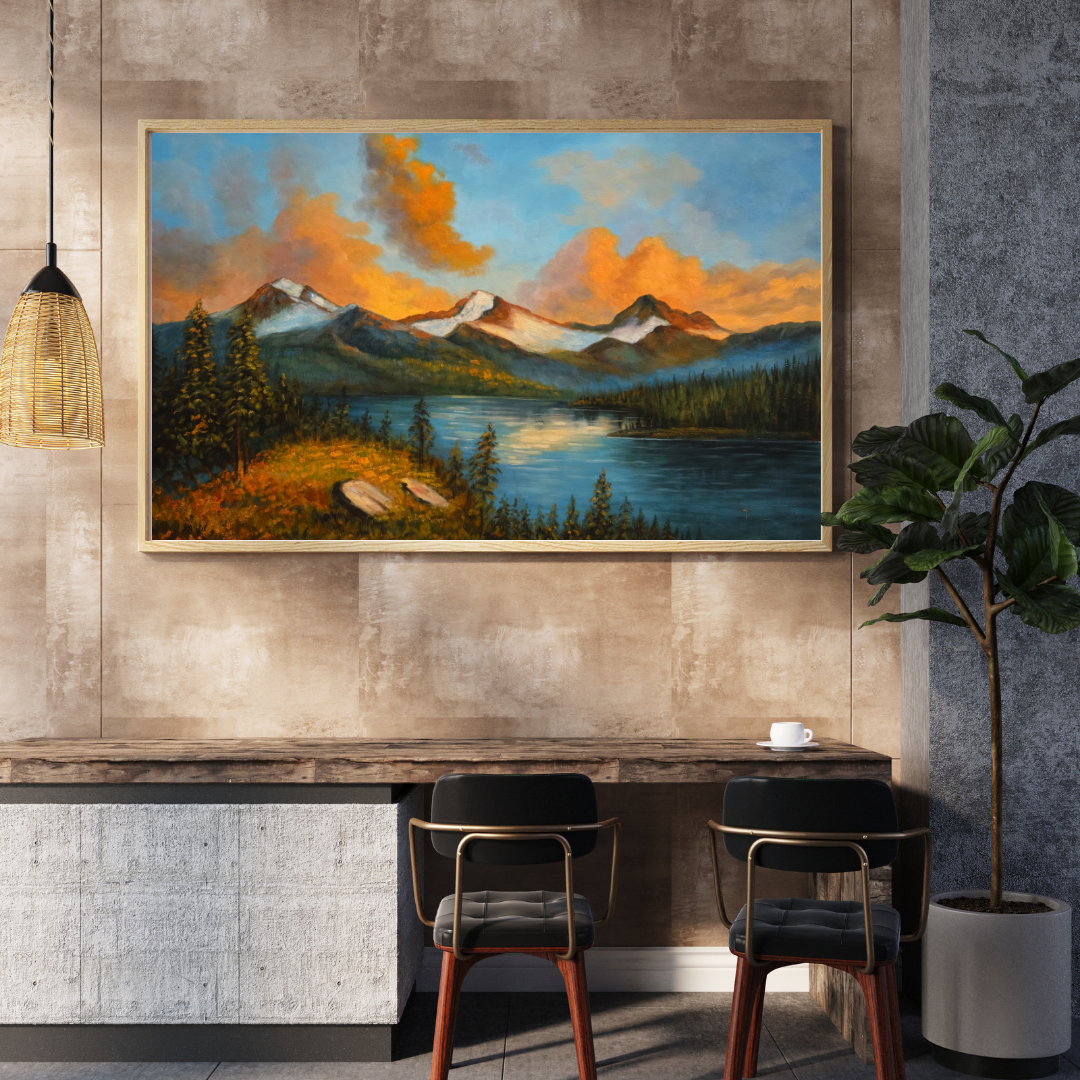 Alpine Lake Sunset Oil Painting Wall Art - Framed Canvas Print