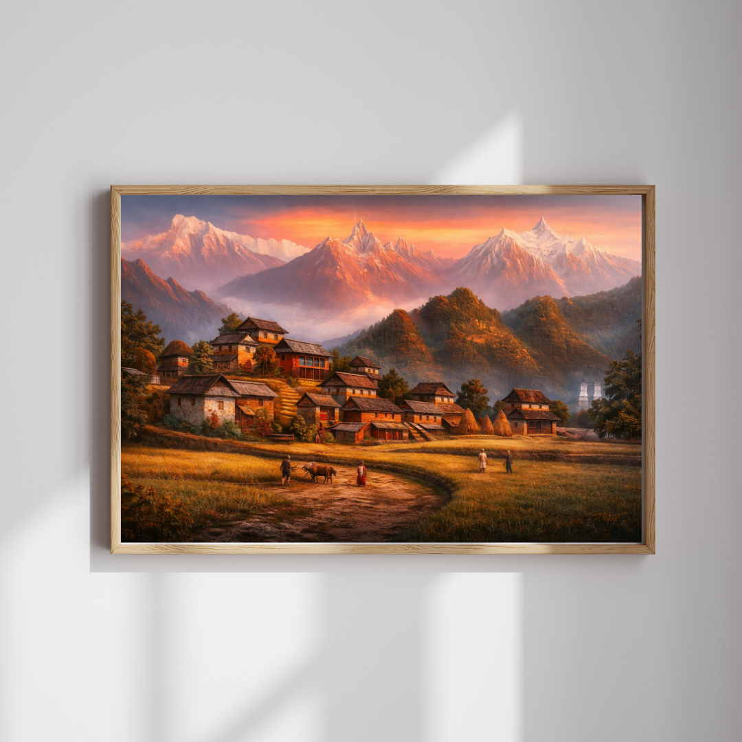 Himalayan Village Life at Sunset Wall Art - Framed Canvas Print
