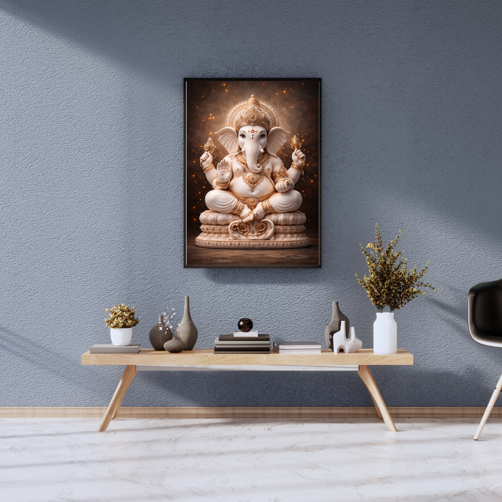 Lord Ganesha Marble Wall Art - Framed Canvas Print