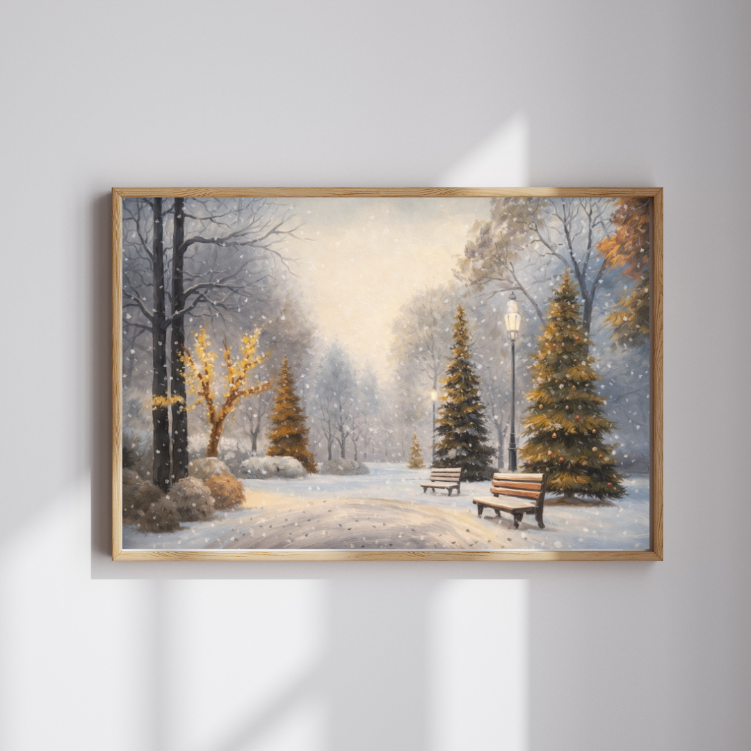 Winter Park Christmas Eve Oil Painting Wall Art - Framed Canvas Print