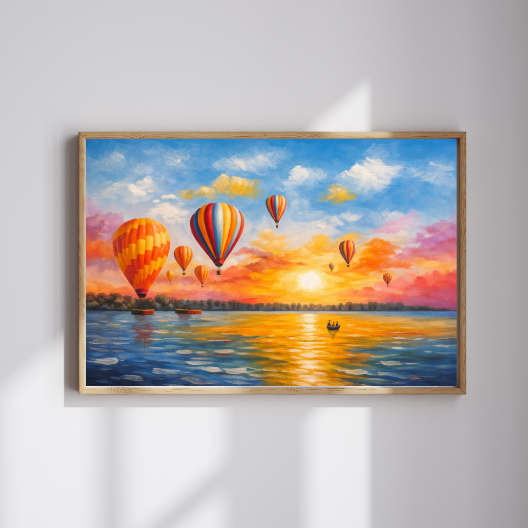 Hot Air Balloons Sunset Lake Oil Painting Wall Art - Framed Canvas Print