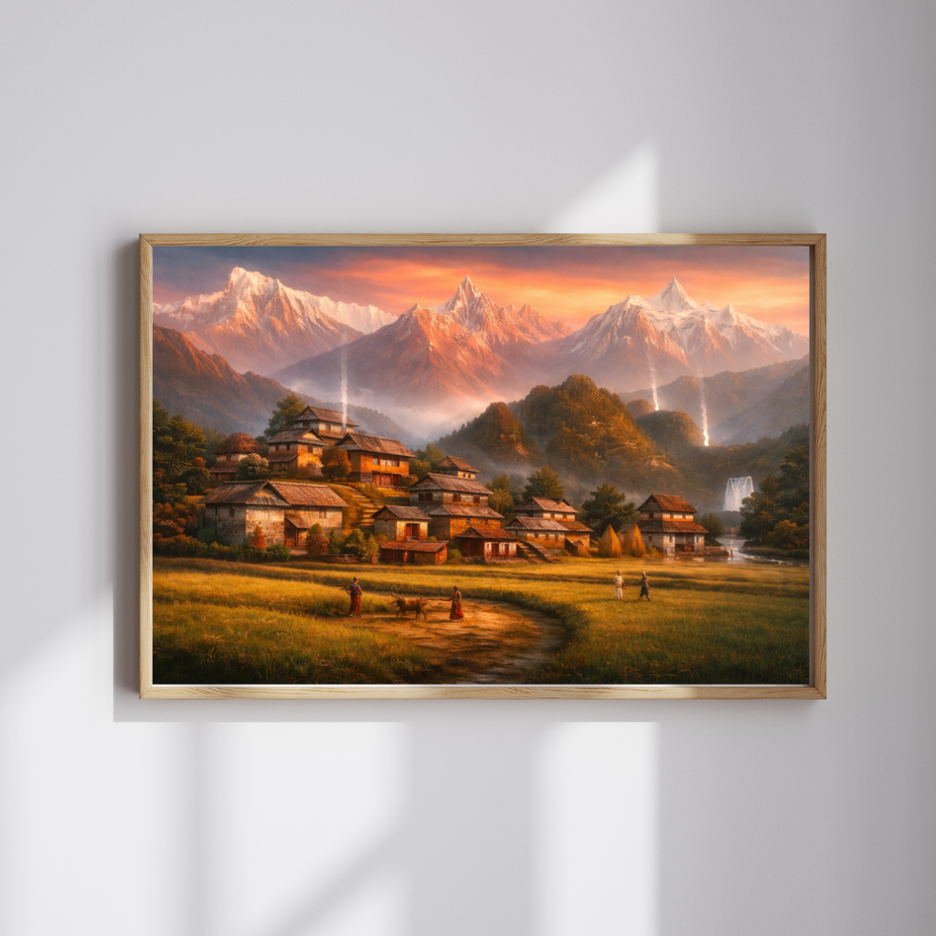 Himalayan Village Golden Hour Wall Art - Framed Canvas Print