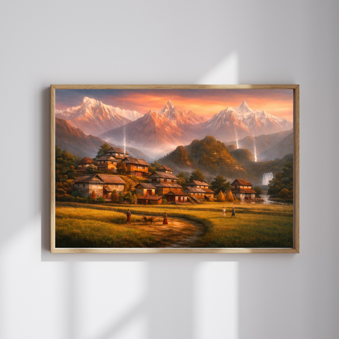 Himalayan Village Golden Hour Wall Art - Framed Canvas Print
