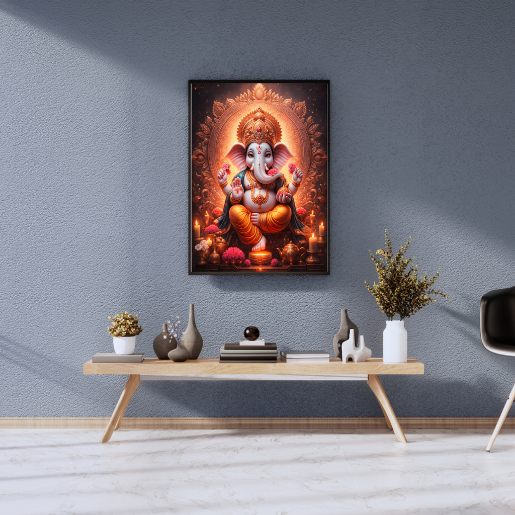 Lord Ganesha Candlelit Mandala Wall Art - Framed Canvas Print
