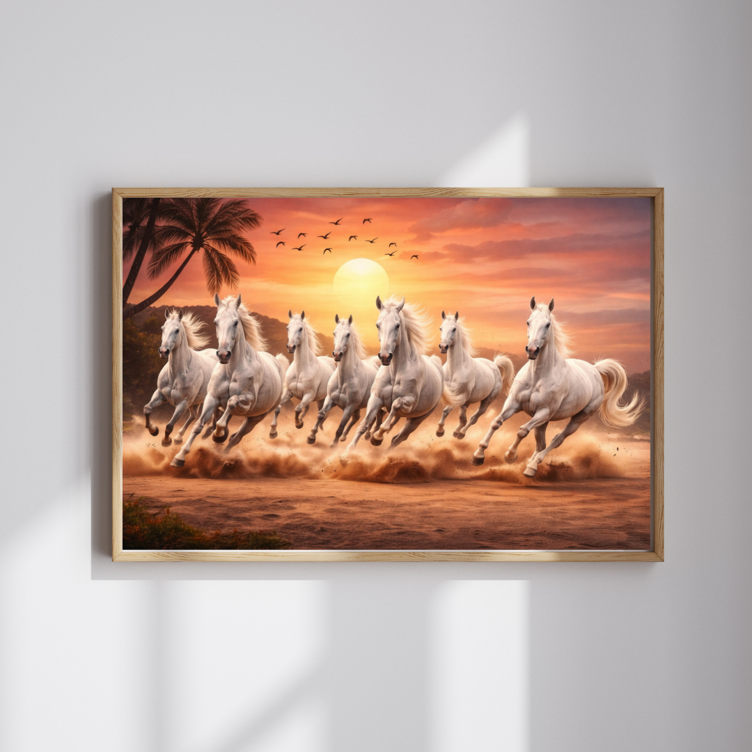 Seven White Horses Sunset Wall Art - Framed Canvas Print