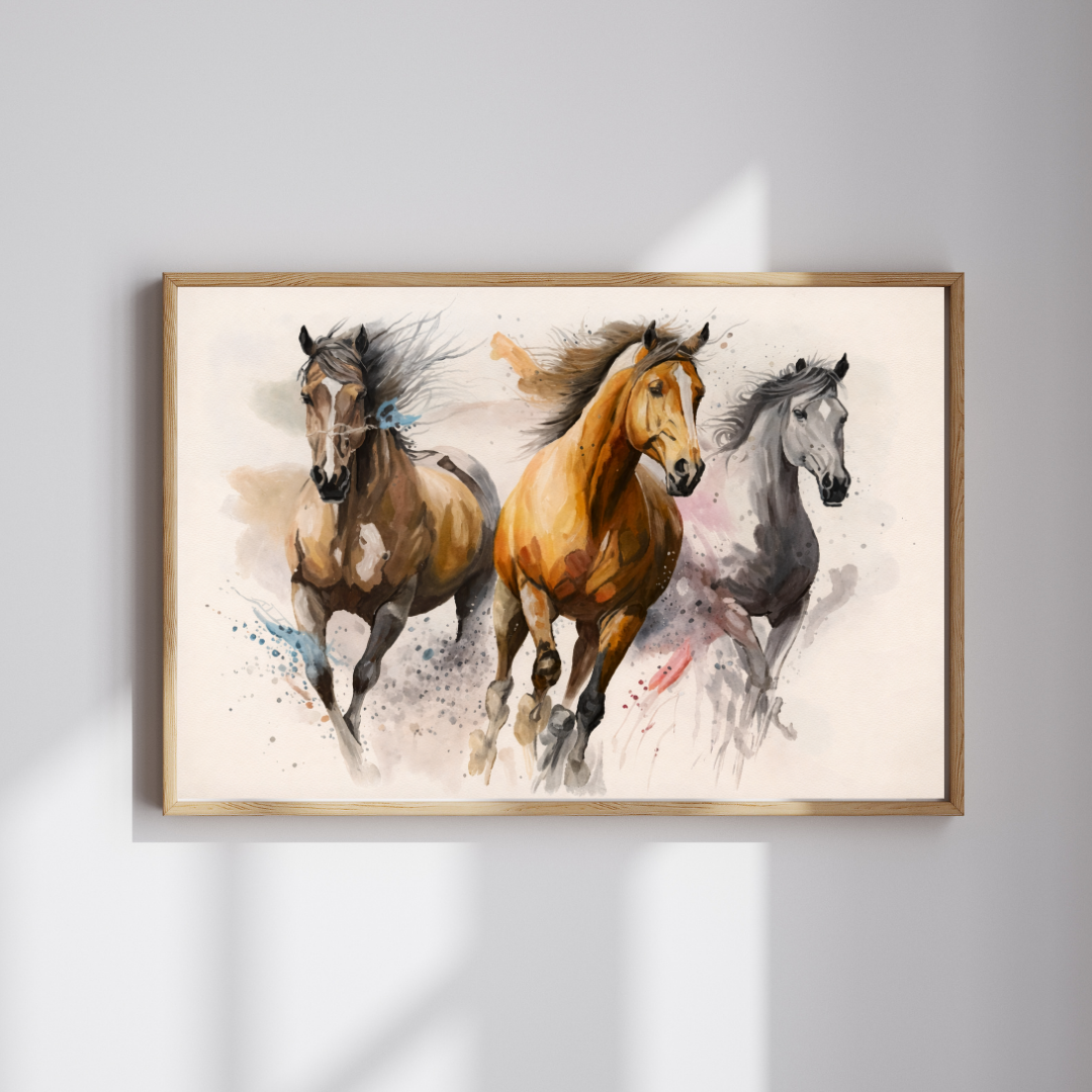 Three Galloping Horses Watercolour Wall Art - Framed Canvas Print