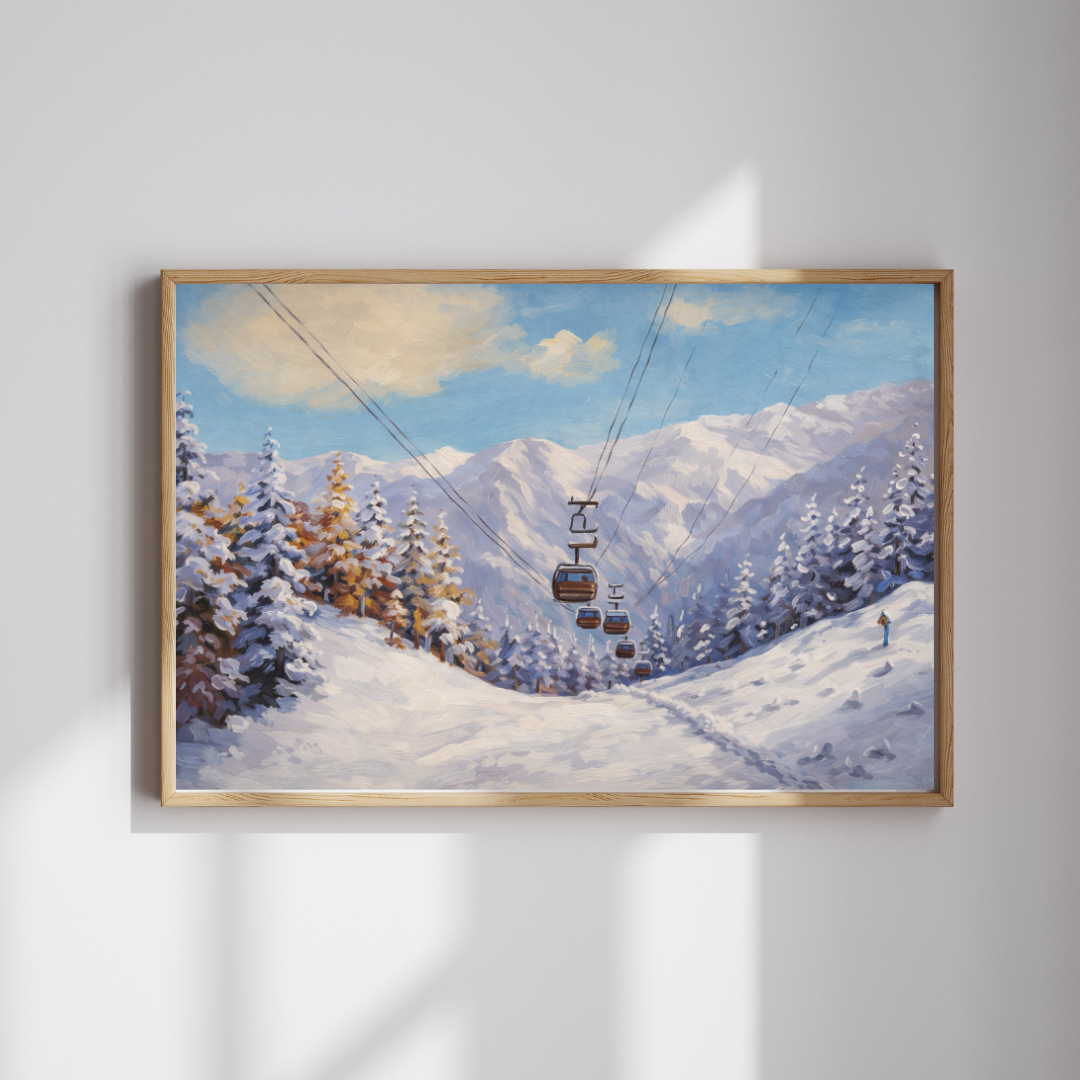 Alpine Ski Resort Gondola Oil Painting Wall Art - Framed Canvas Print