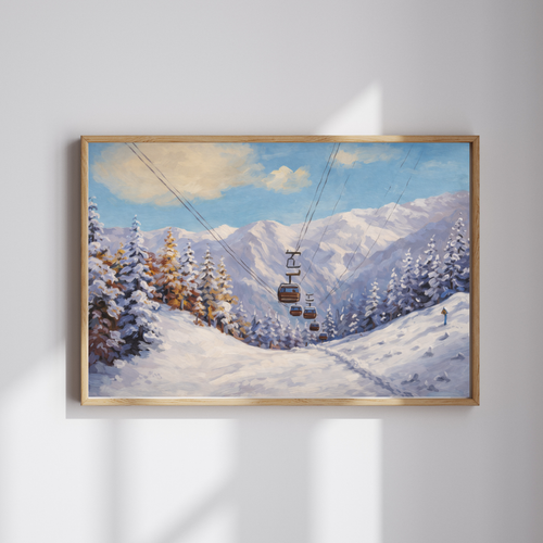 Alpine Ski Resort Gondola Oil Painting Wall Art - Framed Canvas Print