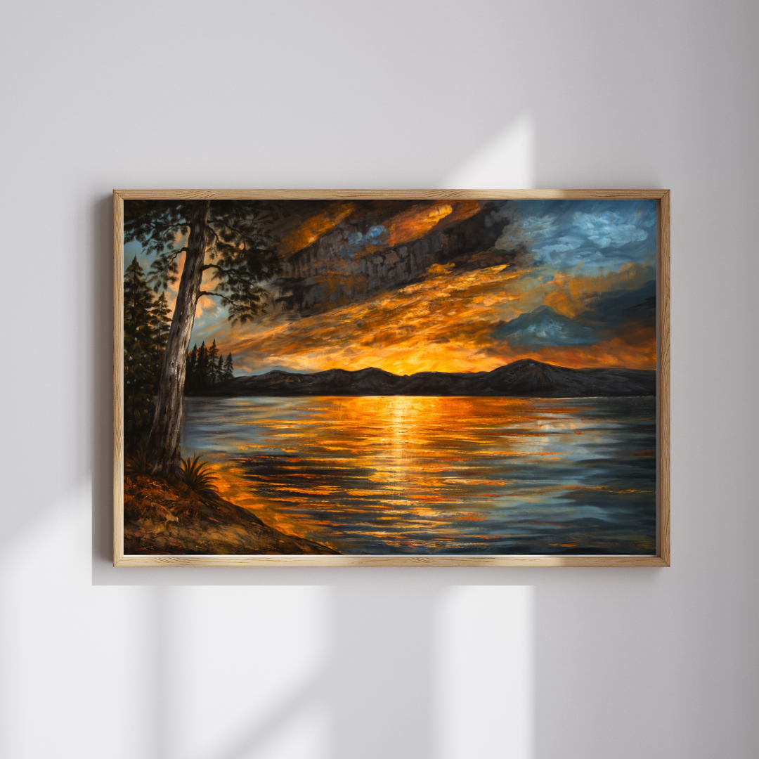 Lakeside Sunset Storm Oil Painting Wall Art - Framed Canvas Print