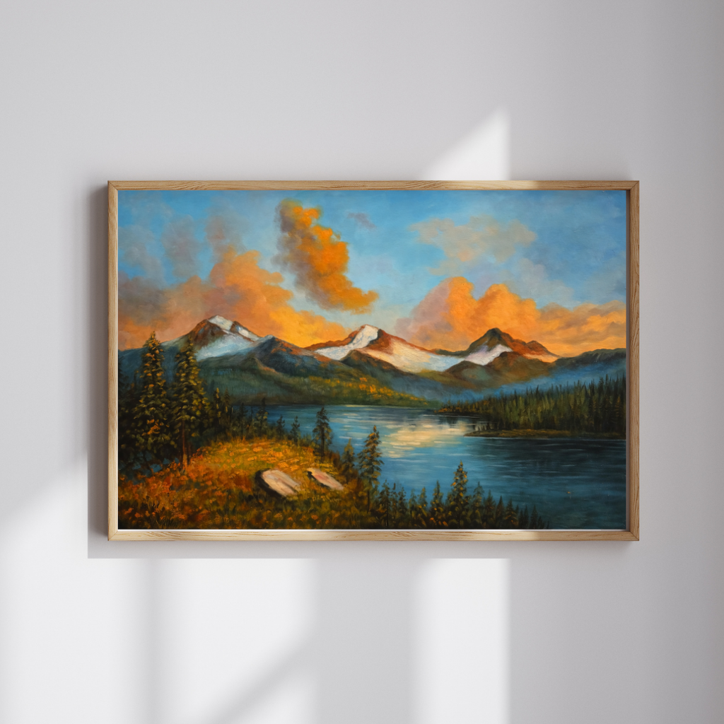 Alpine Lake Sunset Oil Painting Wall Art - Framed Canvas Print