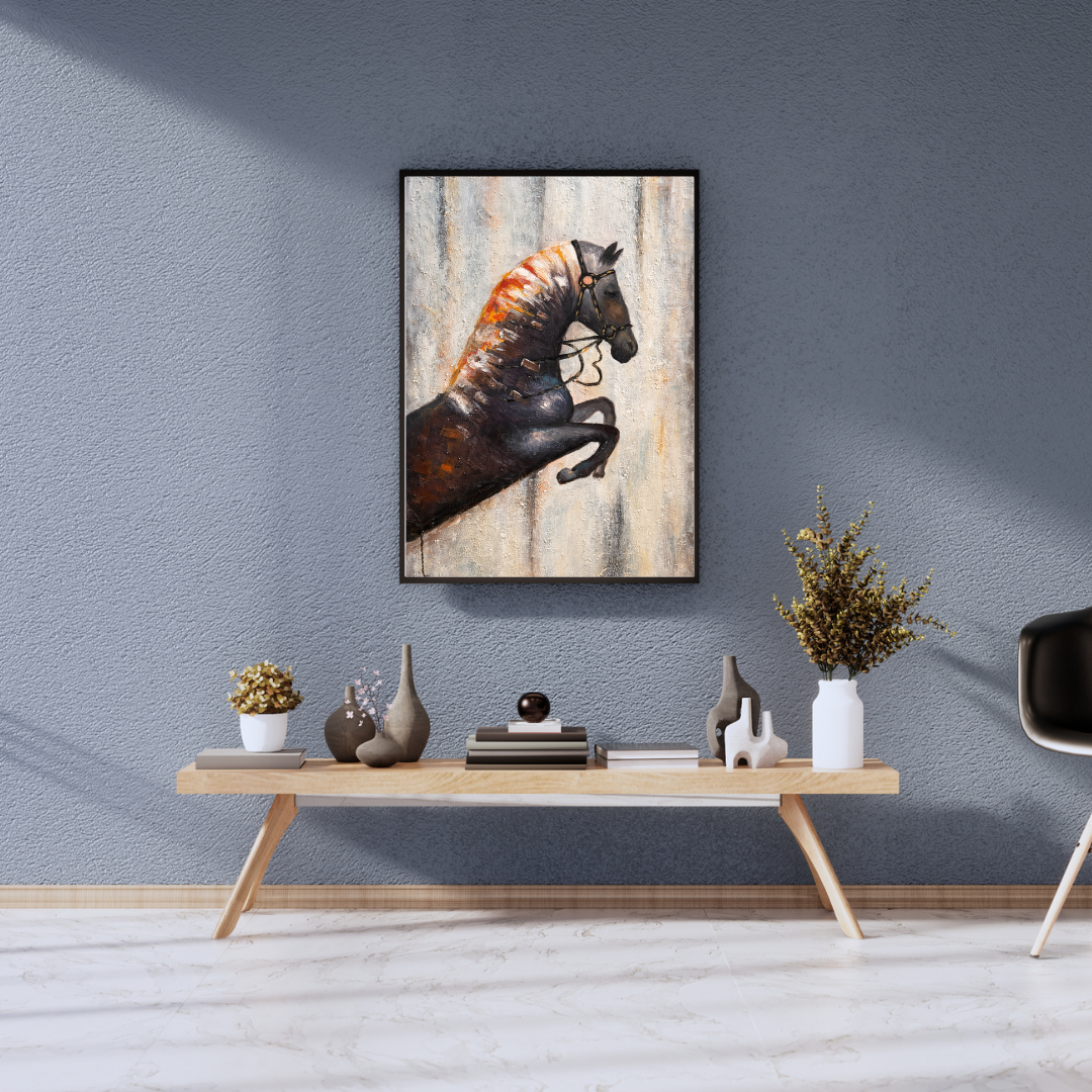 Rearing Black Horse Abstract Wall Art - Framed Canvas Print