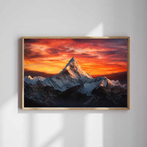 Ama Dablam Fiery Sunset Wall Art - Framed Canvas Print