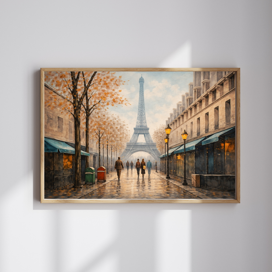 Parisian Autumn Street Eiffel Tower Wall Art - Framed Canvas Print