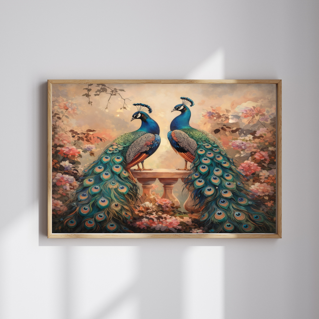 Twin Peacocks Floral Garden Wall Art - Framed Canvas Print