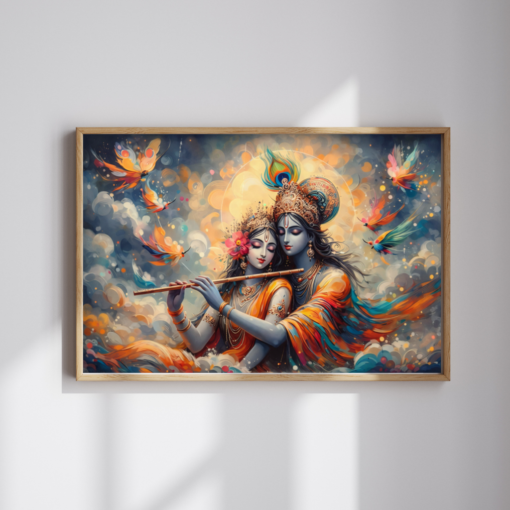 Radha Krishna Celestial Flute Wall Art - Framed Canvas Print