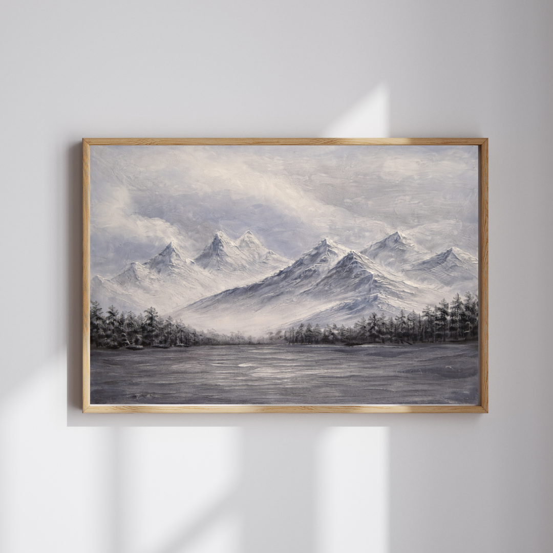 Misty Snow Mountain Lake Oil Painting Wall Art - Framed Canvas Print