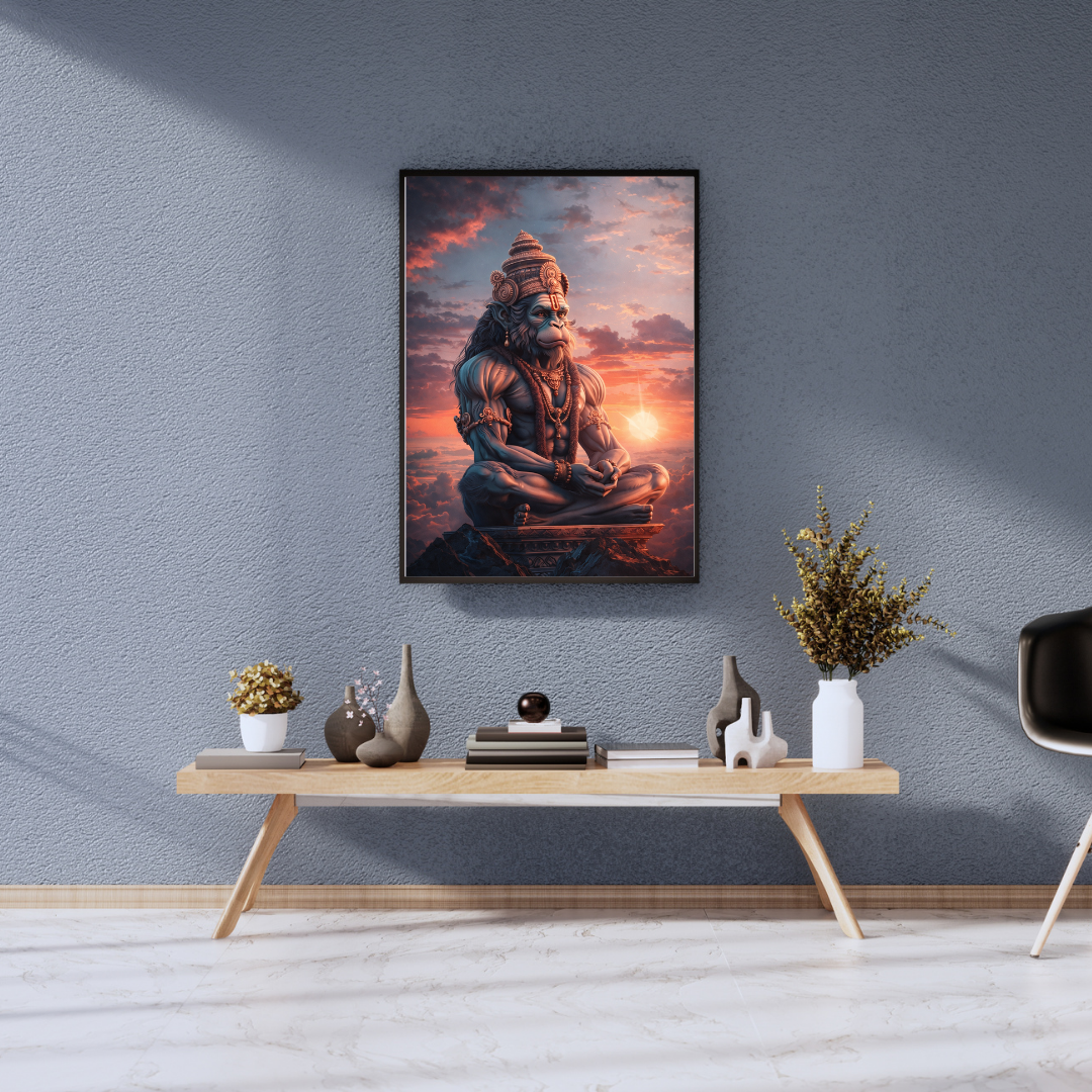 Hanuman Sunset Meditation Wall Art - Framed Canvas Print