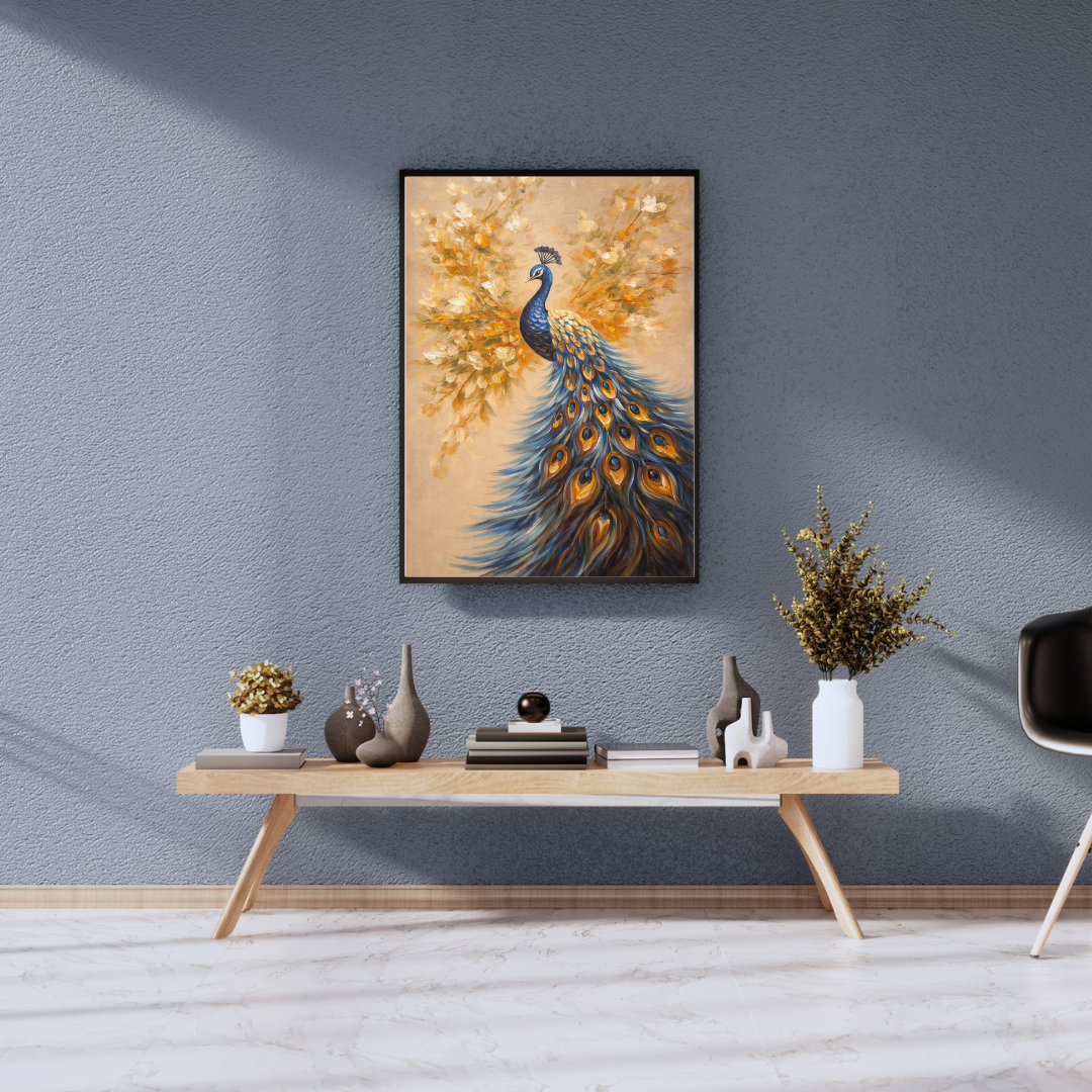 Golden Peacock Floral Wall Art - Framed Canvas Print