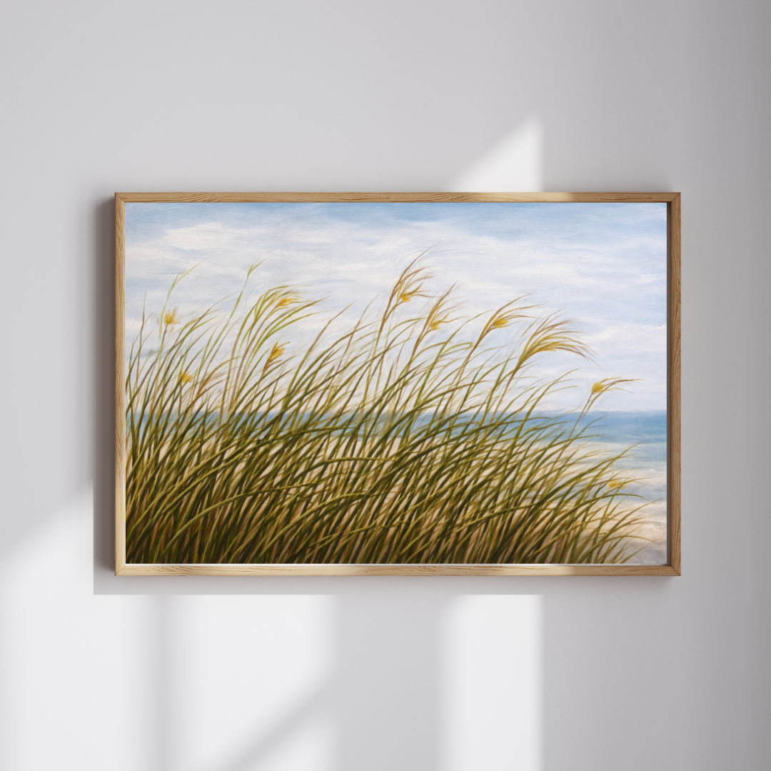 Coastal Dune Grass Breeze Oil Painting Wall Art - Framed Canvas Print