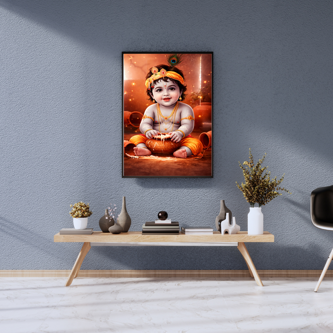 Baby Krishna Makhan Chor Wall Art - Framed Canvas Print